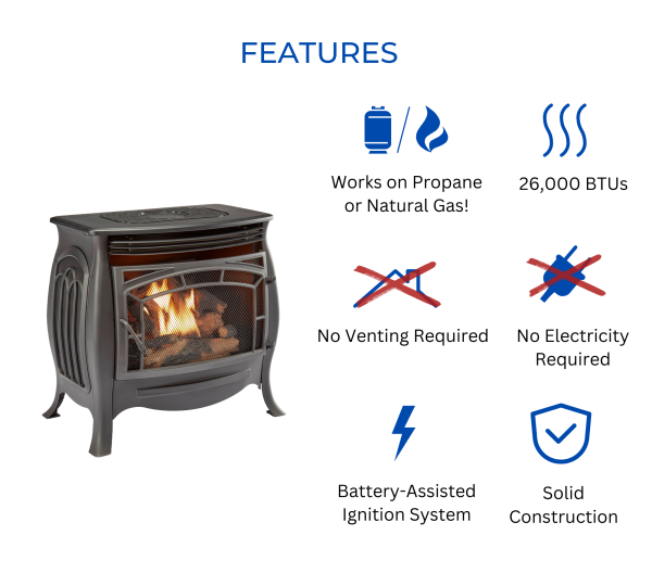 Duluth Forge FDSR25 Dual Fuel Ventless Gas Stove Matte Black 26,000 BTU